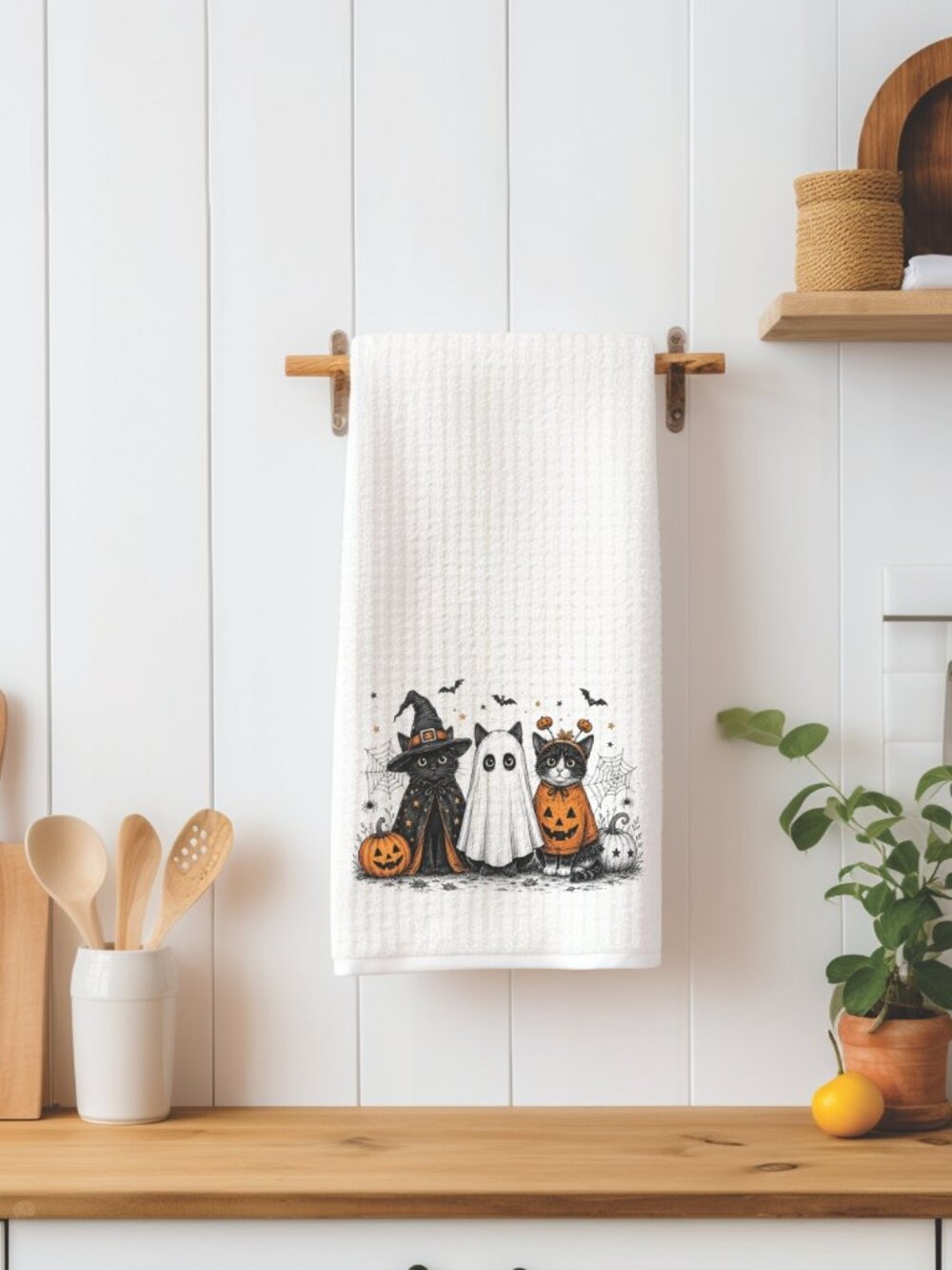 Tuxedo Cats Witchy Halloween Decorative Kitchen Tea Towel